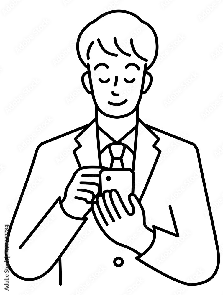 Upper body of a young man in a suit playing with his phone (line)
