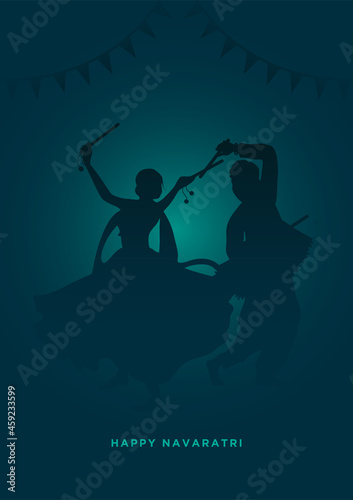 Happy Navaratri Minimal Poster, Couple Playing Garba, and Daniya, Navratri Poster for Dussehra Festival