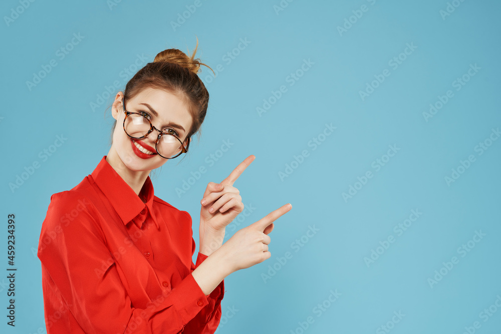 woman in red shirt and glasses gesturing with hands of professionals work secretary woman in red shirt and glasses gesturing with hands of professionals work secretary