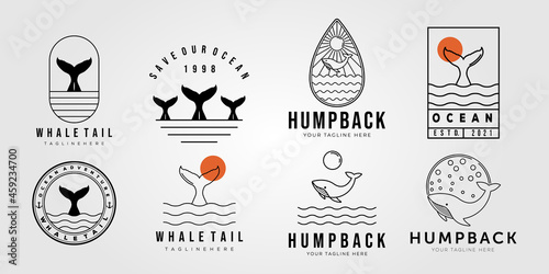 set of whale tail and collection of humpback on ocean logo vector illustration design