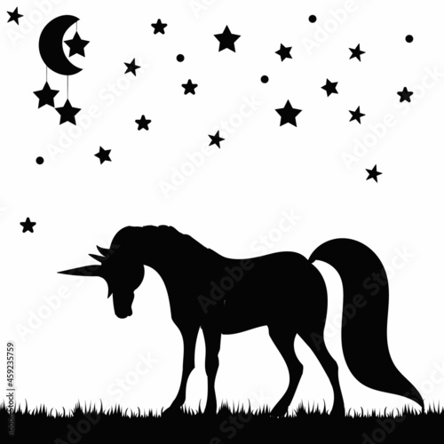 black silhouette unicorn, moon and stars isolated, vector