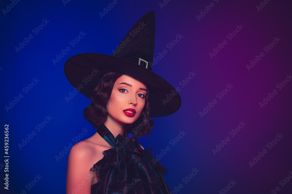 Photo of devil seductive mysterious woman wear gothic witch dress headwear empty space isolated dark gradient color background Photo of devil seductive mysterious woman wear gothic witch dress headwear empty space isolated dark gradient color background