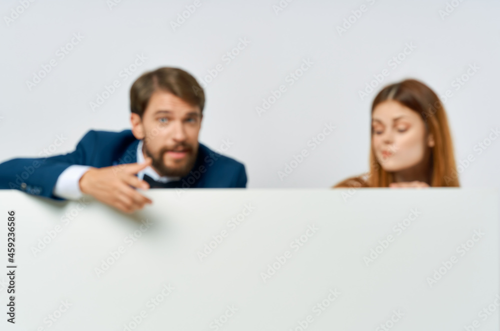 business man and woman billboard marketing fun emotions isolated background business man and woman billboard marketing fun emotions isolated background