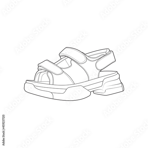 strap sandal outline drawing vector, strap sandal  in a sketch style, trainers template outline, vector Illustration.