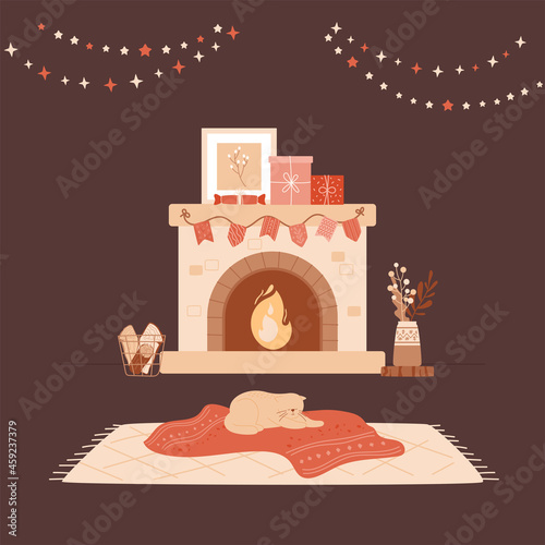 Christmas home with fireplace, cute cat sleeping on red blanket. Brick fireplace decorated bunting with flags, picture and gift boxes on shelf. Dark vector illustration, cozy home, stars lights.