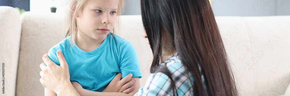 Llittle offended girl communicates with mother at home Llittle offended girl communicates with mother at home