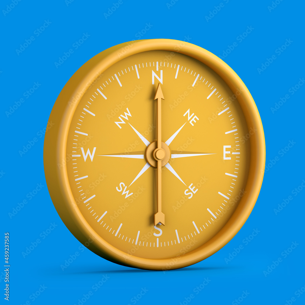 Yellow duotone compass on blue background. 3d illustration. Yellow duotone compass on blue background. 3d illustration.