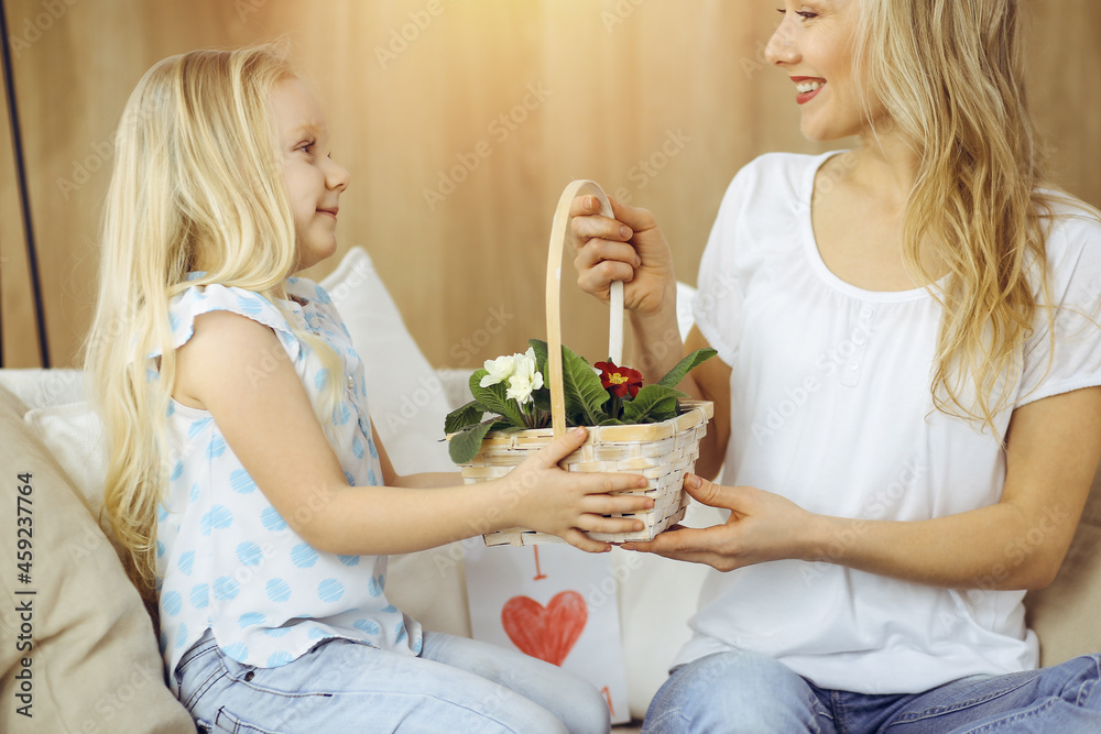 Happy mother day. Child daughter congratulates mom and gives her basket of spring flowers. Family concept Happy mother day. Child daughter congratulates mom and gives her basket of spring flowers. Family concept