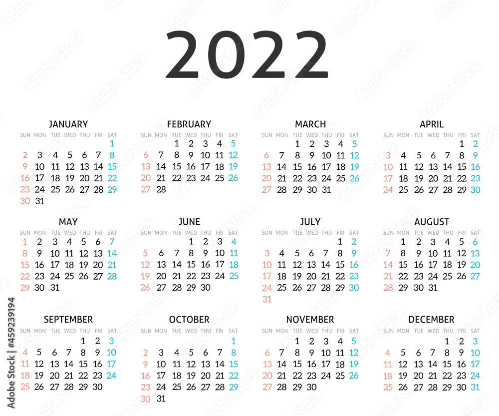 Calendar for 2022 year, black horizontal Calendar for 2022 year, black horizontal