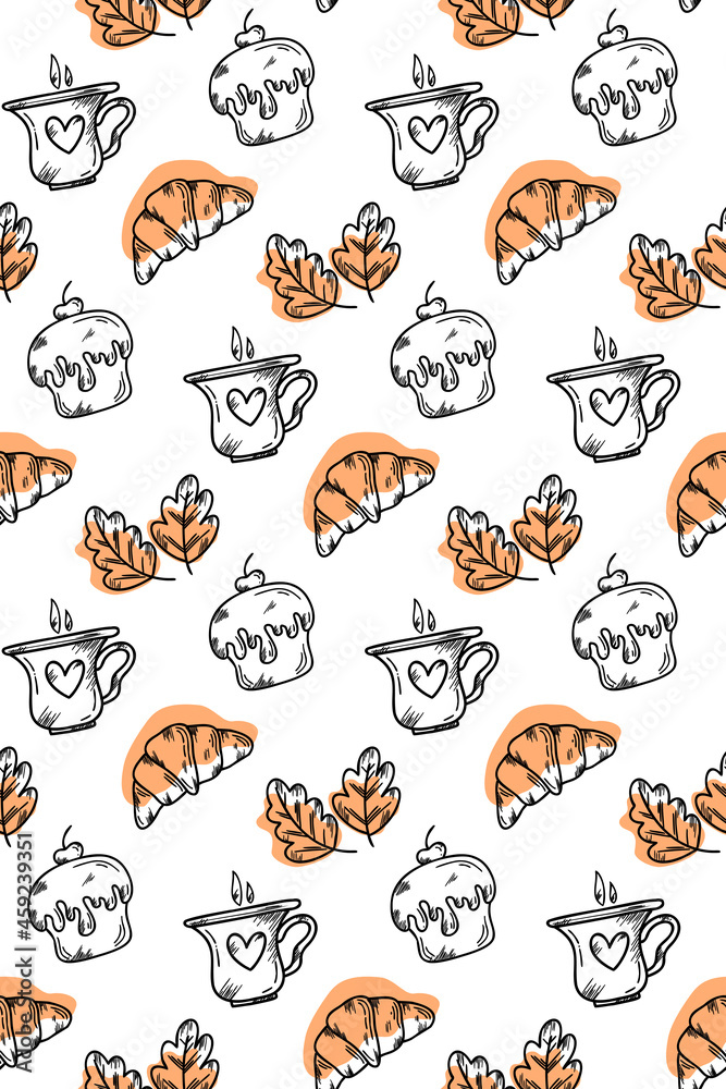 Fototapeta premium Vector rectangular pattern with croissants, cupcake and a cup of coffee in doodle style. A pattern with pastries for cafes, menus, packaging, postcards.