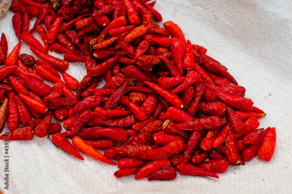 Naklejka premium Close-up of red chili peppers drying in the sun in a basket