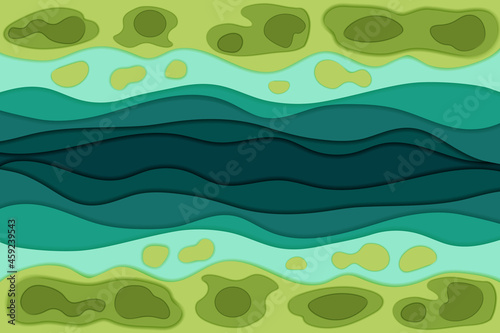 Paper cut river and fish.Top view of the water stream and shore .Nature and environment conservation creative idea concept.Vector illustration. © gala
