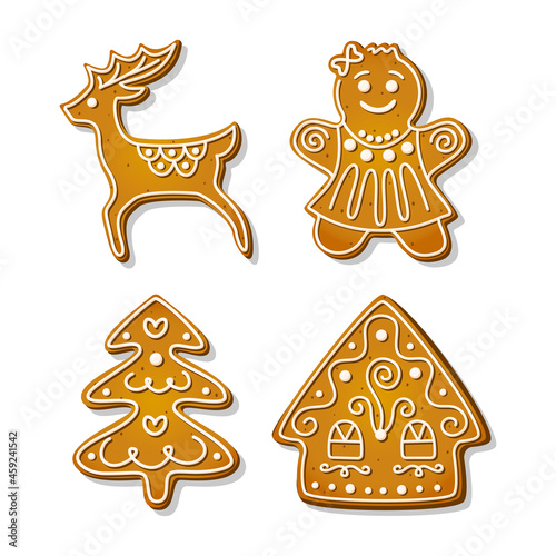 Christmas gingerbread cookies. Festive biscuits in shape of house and gingerbread woman  christmas tree and reindeer shapes. Cartoon Vector illustration