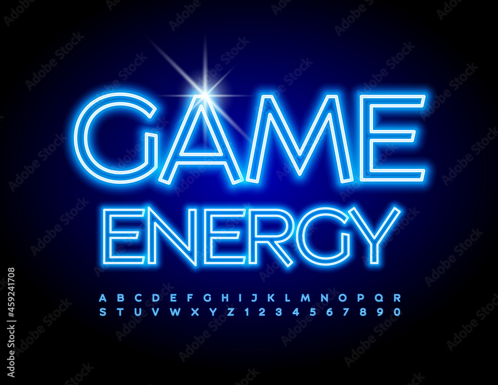 Vectr electric template Game Energy, Blue glowing Font. Neon Alphabet Letters and Numbers set Vectr electric template Game Energy, Blue glowing Font. Neon Alphabet Letters and Numbers set
