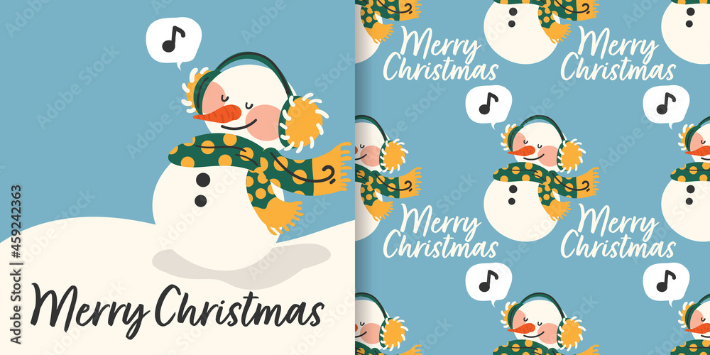 Christmas banner and seamless pattern of snowman in winter outfits with music note in text box. Christmas banner and seamless pattern of snowman in winter outfits with music note in text box.