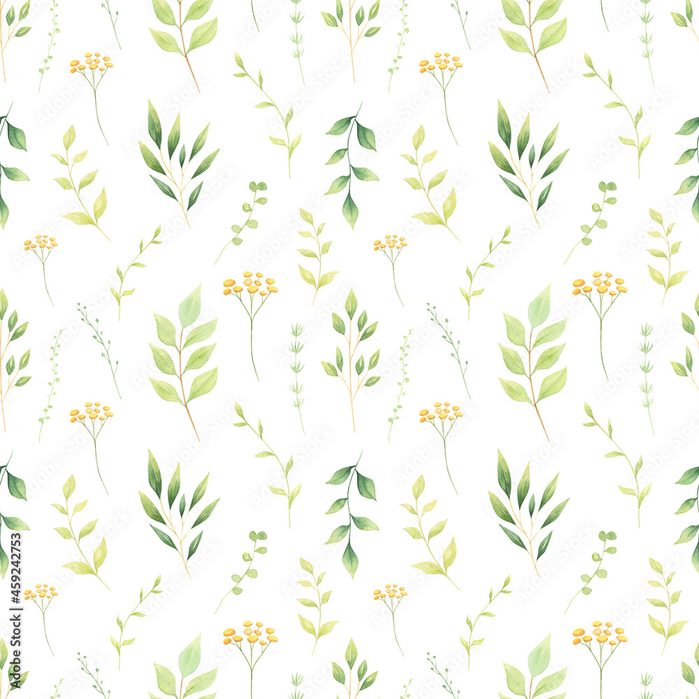 Greenery, leaves, wildflowers watercolor seamless pattern on white background. Yellow bright floral digital paper. 