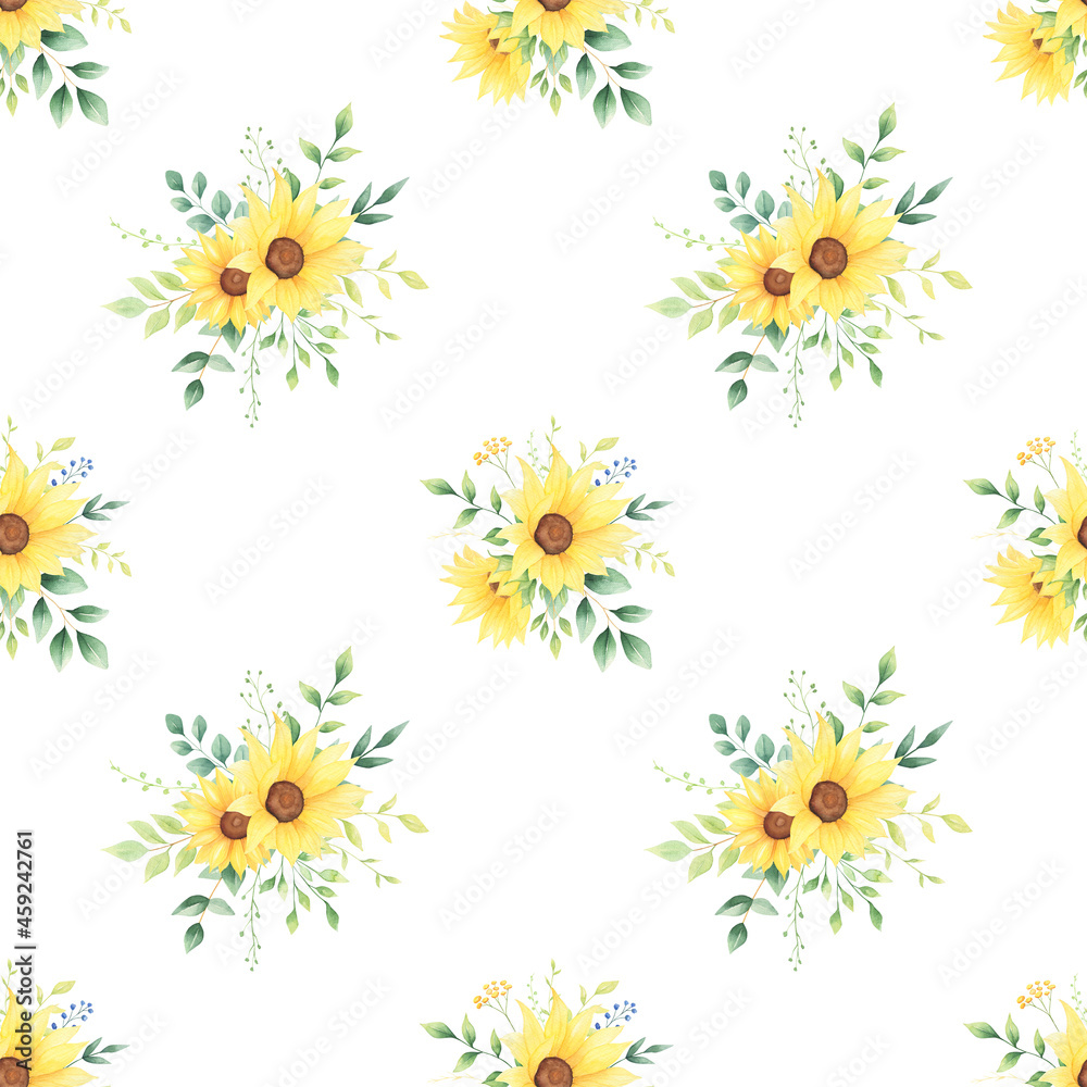 Sunflower watercolor seamless pattern on white background. Yellow bright floral digital paper. 