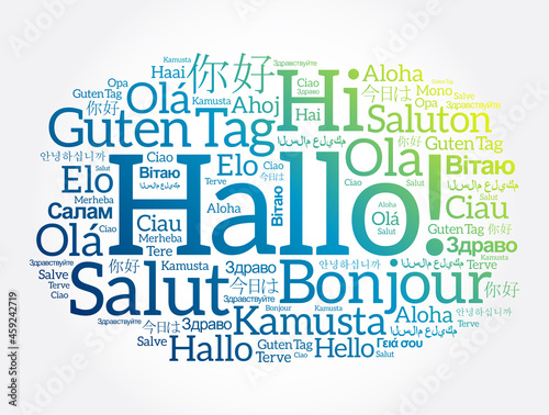 Photographie Hallo (Hello Greeting in German) word cloud in different languages of the world