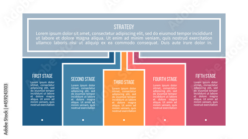 Business process. Chart with 5 steps, options, sections. Vector template.