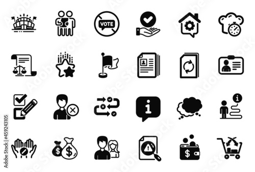 Vector Set of Business icons related to Ranking stars, Speech bubble and Remove account icons. Coins bags, Sports arena and Approved checkbox signs. Cooking timer, Flag and Search document. Vector