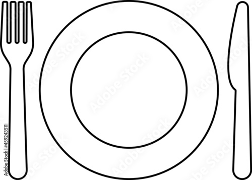 Cutlery. Servings. Plate fork knife. Table service. Minimalistic vector art illustration. Black and white. White background. One line drawing.