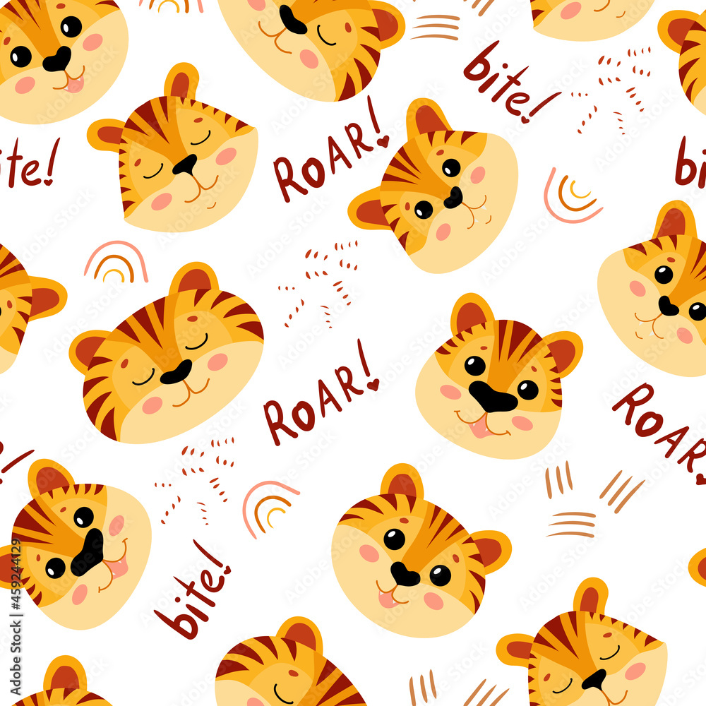 Seamless pattern with cute tiger cubs. Big tabby cat. Endangered animals. Tigers Symbol of 2022. Vector illustration isolated on white background Seamless pattern with cute tiger cubs. Big tabby cat. Endangered animals. Tigers Symbol of 2022. Vector illustration isolated on white background