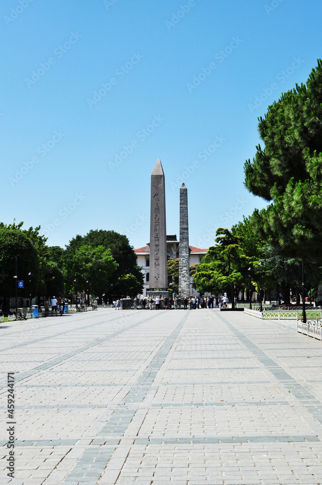 Istanbul city panorama. View of the obelisk of Theodosius. July 10, 2021, Istanbul, Turkey.