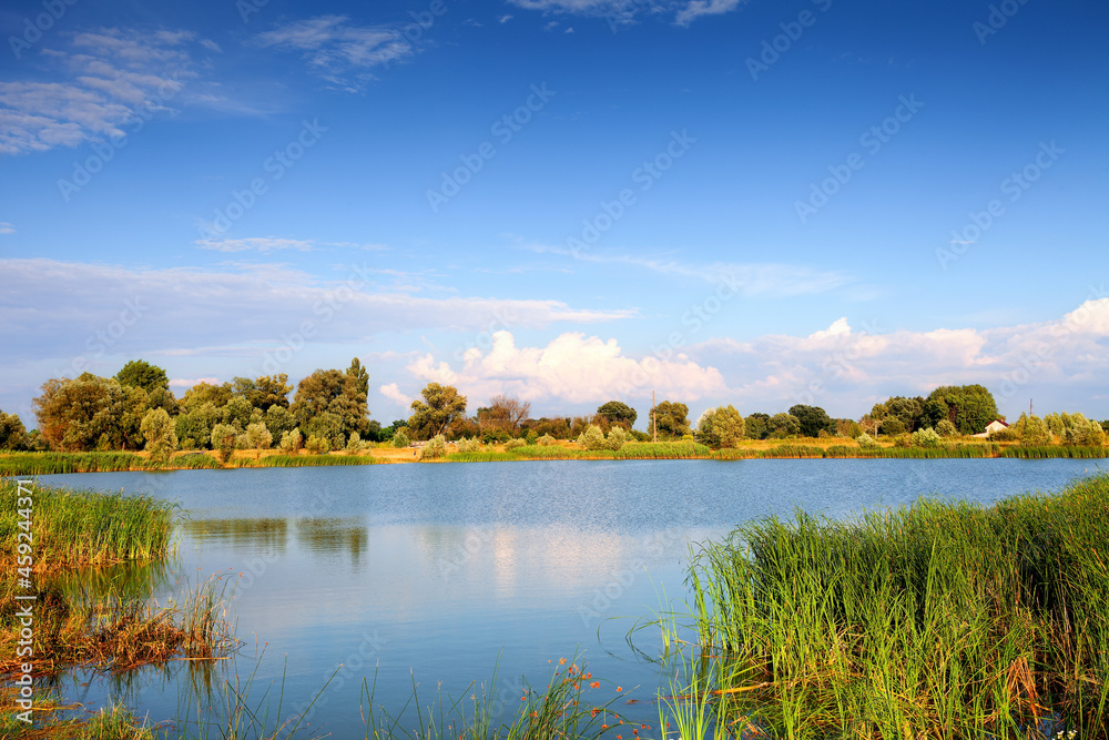 Lake in summer time, rural landscape