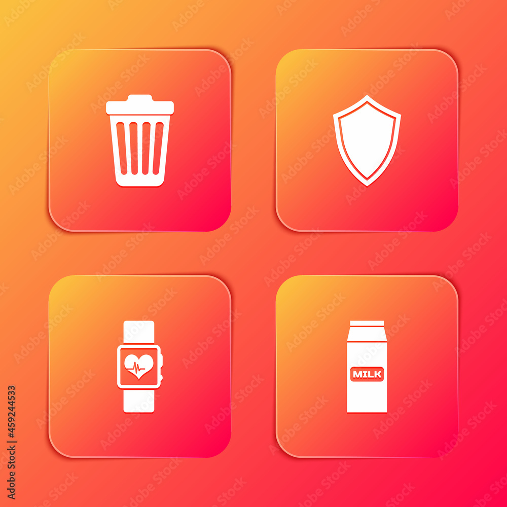 Set Trash can, Shield, Smart watch heart beat rate and Paper package for milk icon. Vector