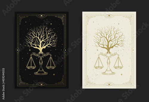 Tree with scale of justice or balance symbol also known as sign of libra constellation, in carving, hand drawn, line art, luxury, heavenly, esoteric, boho style photo