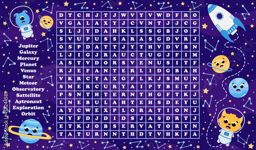 Space word search game with astronauts and cute planets, flying rocket in cartoon style for kids learning english