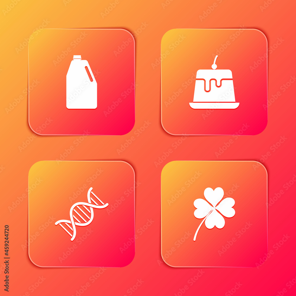 Set Household chemicals bottle, Pudding custard, DNA symbol and Four leaf clover icon. Vector