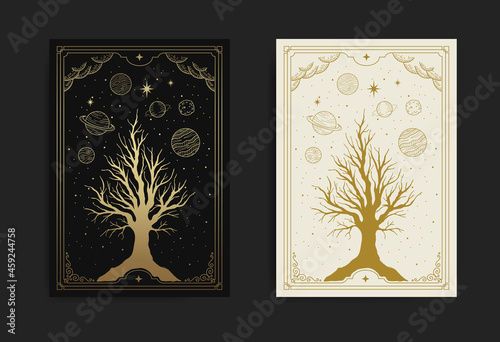Magical and mystical sacred tree with night sky, decorated with stars and planets fit for spiritualist, religious, paranormal, tarot reader, astrologer or tattoo