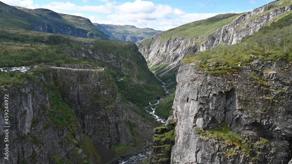 Panoramic view to the valley at the Vøringsfossen waterfall. Panoramic view to the valley at the Vøringsfossen waterfall.