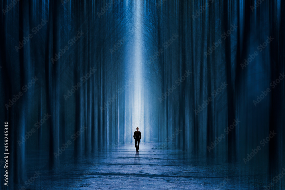 Man walking through a surreal forest - obrazy, fototapety, plakaty 