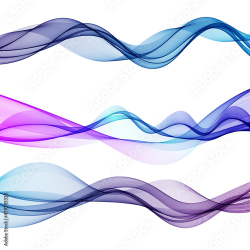 Set abstract color vector waves smoke transparent smooth vector blue lines