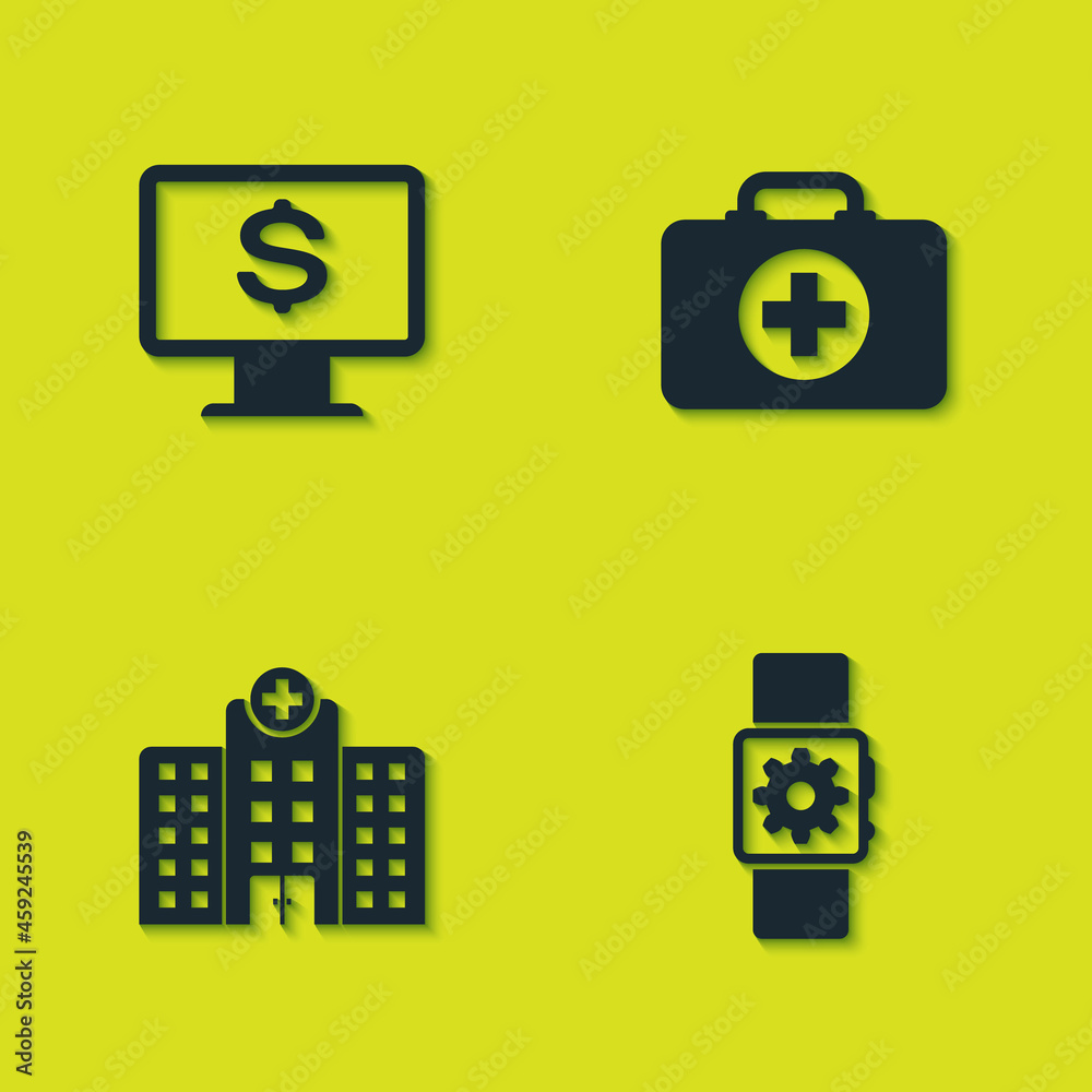 Set Monitor with dollar, Smartwatch setting, Medical hospital building and First aid kit icon. Vector Set Monitor with dollar, Smartwatch setting, Medical hospital building and First aid kit icon. Vector