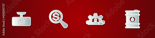 Set Car DVR, Magnifying glass and dollar, Project team base and Barrel oil icon. Vector