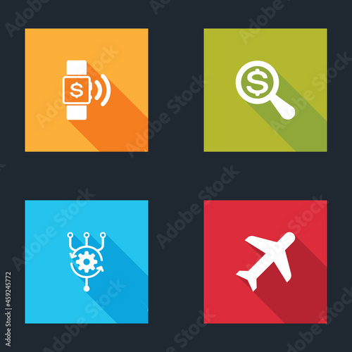 Set Contactless payment, Magnifying glass and dollar, Algorithm and Plane icon. Vector