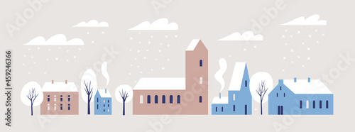 Christmas picture. Horizontal banner with the image of snowfall in the winter city. Snow-covered city with cozy nice houses and trees. Happy winter holidays. Vector colorful image.
