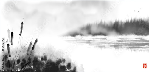 Cattail, reed plant and misty island with forest trees hand drawn with ink. Traditional oriental ink painting sumi-e, u-sin, go-hua. Hieroglyph - silence.