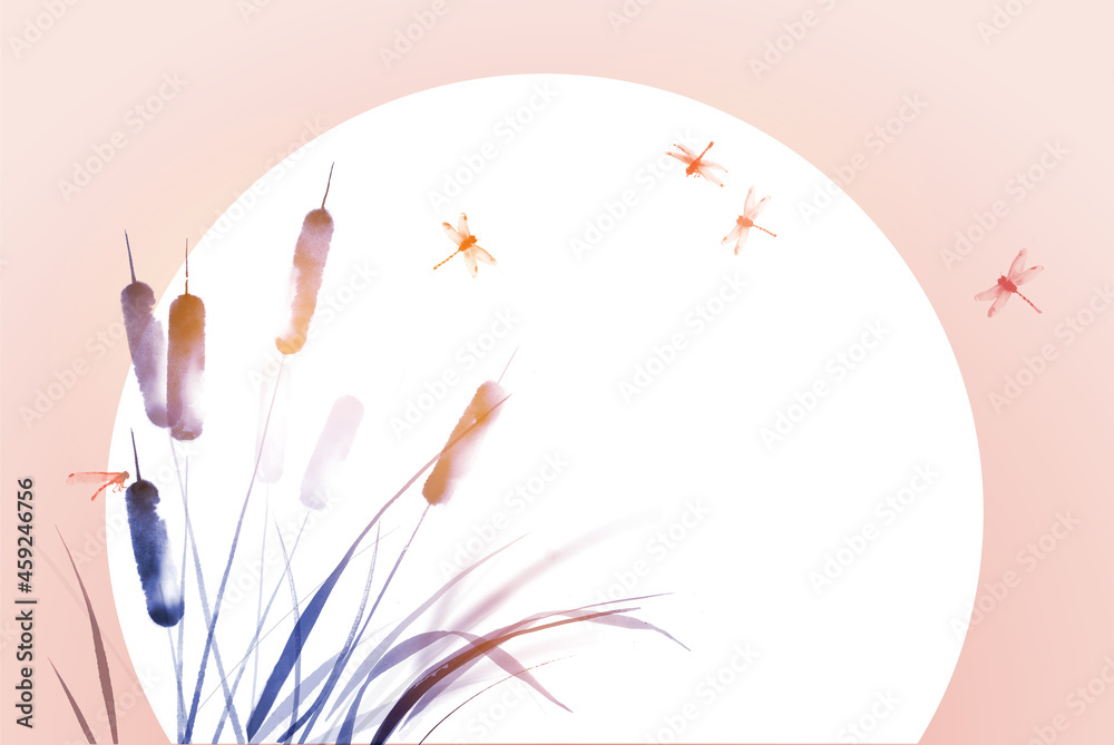 Cattail, reed plant, drafonflies and big white sun background ...