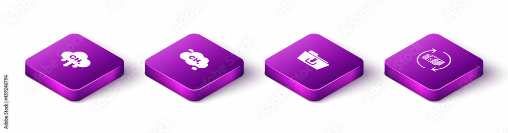 Set Isometric Methane emissions reduction, , Folder download and Refund money icon. Vector Set Isometric Methane emissions reduction, , Folder download and Refund money icon. Vector