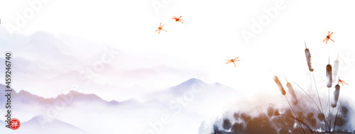 Cattail, reed plant and drafonflies hand drawn with ink on white background. Traditional oriental ink painting sumi-e, u-sin, go-hua.