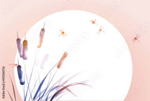Cattail, reed plant, drafonflies and big white sun background. Traditional oriental ink painting sumi-e, u-sin, go-hua.