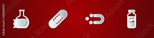 Set DNA research, search, Bandage plaster, Customer attracting and Medical vial, ampoule icon. Vector
