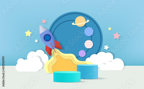 3d render podium with space shuttle concept background for kids or baby product display..