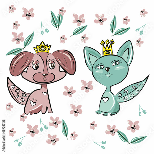 Cartoon animals in crowns, princes and princesses. Pig, kitty, hippo, turtle, dog, bear. Children's style. Wallpaper, decoration of the children's room. Isolated vector objects.