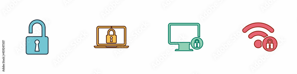 Set Open padlock, Laptop and, Lock on monitor and Wifi locked icon. Vector Set Open padlock, Laptop and, Lock on monitor and Wifi locked icon. Vector