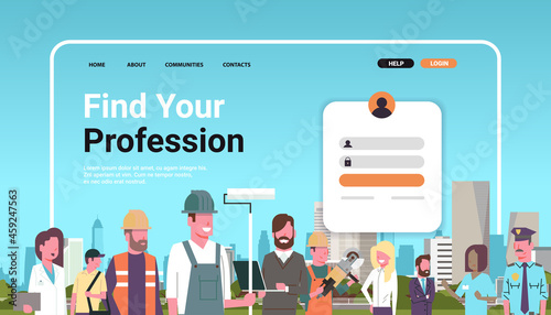 find your profession website landing page template different occupation workers standing together